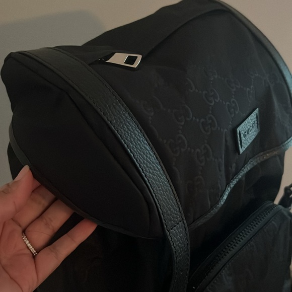 Gucci Authentic Blk GG Monogram Nylon Drawstring Backpack Leather Trim 510336 - Picture 5 of 16